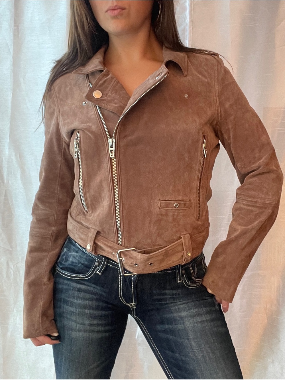Blank NYC Suede Leather Moto Jacket Womens M Brown Belted Biker Western Boho